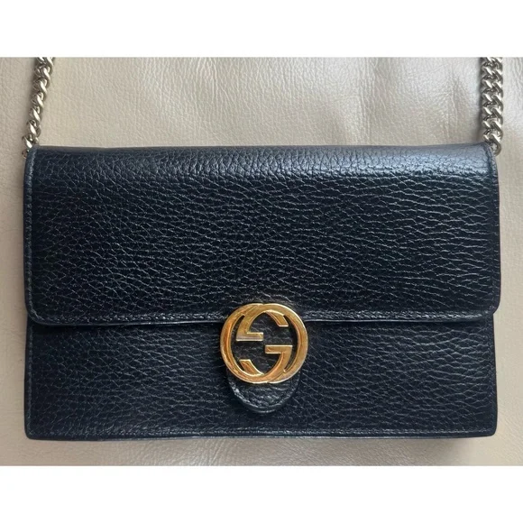 Authentic Gucci Dollar GG Interlocking Black Leather Chain Crossbody Clutch Bag - Picture 2 of 11